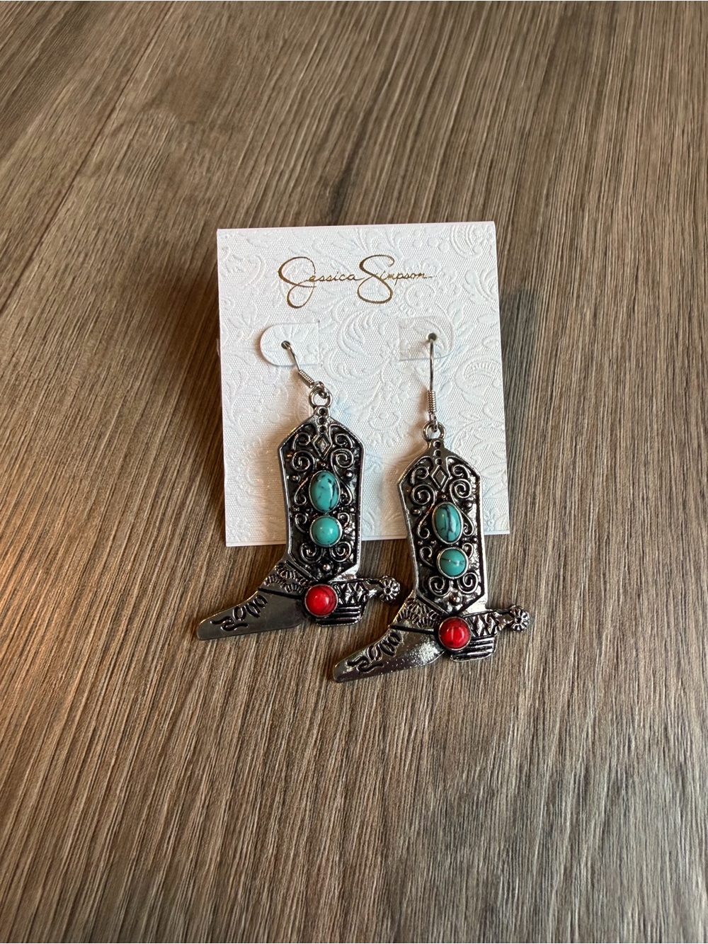 Jessica Simpson Silver-Tone Cowboy Boot Earrings with Turquoise and Red Accents